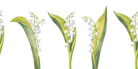 Seamless border with spring lily of the valley flowers. Watercolor illustration, handmade