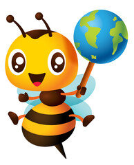 Cartoon cute honey bee carrying globe character mascot set. Environment concept vector illustration