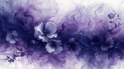 An abstract gothic floral design, where swirls of dark ink form the silhouettes of mysterious flowers and vines on a deep purple canvas. - obrazy, fototapety, plakaty