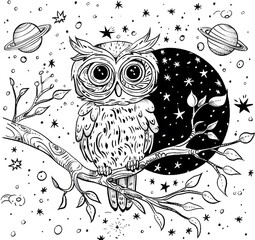 coloring page for kids, cute owl on a tree branch in space