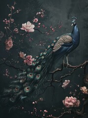 colorful peacock with pink flowers - 779447687