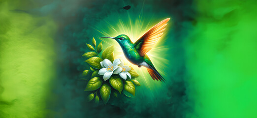  Hummingbird in Flight with Tropical Wild Nature Flowers on Green Abstract Texturized Degradé and Bokeh Background