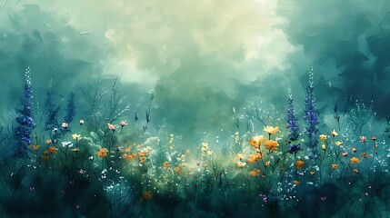 An abstract watercolor background featuring wildflowers in a wind-swept meadow.