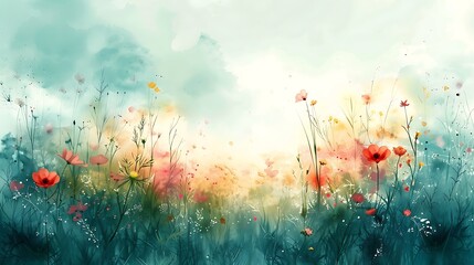 An abstract watercolor background featuring wildflowers in a wind-swept meadow. - obrazy, fototapety, plakaty