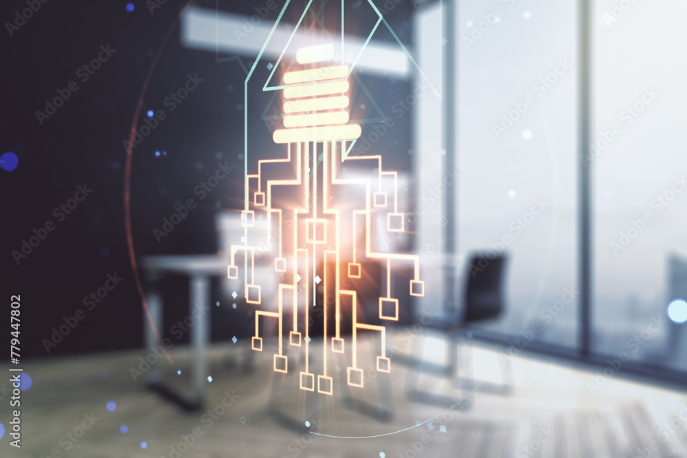 Poster double exposure of creative light bulb hologram with chip and modern desktop with laptop on backgrou