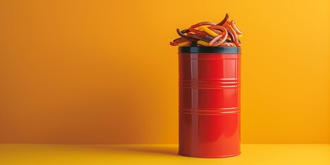 A Can Of Worms - Red can full of worms on a yellow background with copy space