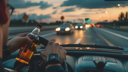 Driver holding open whiskey bottle while driving, concept of drunk driving risks and law enforcement