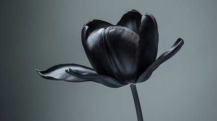 An artistic rendering of a single black tulip, presented in monochrome against a soft grey background.