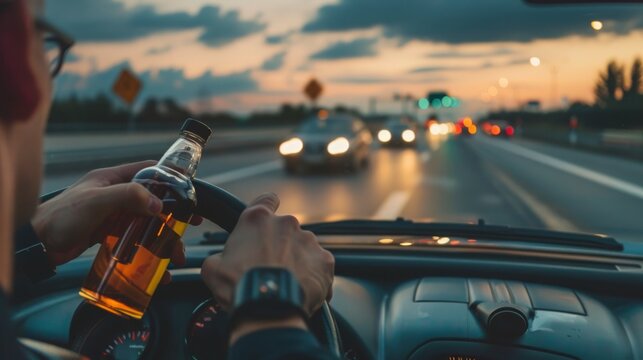 Driver holding open whiskey bottle while driving, concept of drunk driving risks and law enforcement
