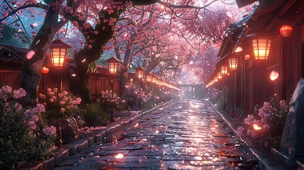 An elegant composition of cherry blossom branches overhanging a quiet, cobblestone path in Kyoto.
