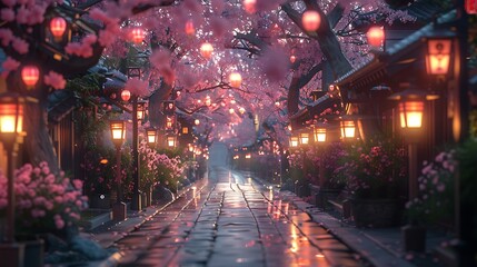 An elegant composition of cherry blossom branches overhanging a quiet, cobblestone path in Kyoto.