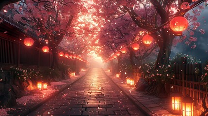 An elegant composition of cherry blossom branches overhanging a quiet, cobblestone path in Kyoto.