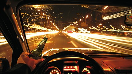 View from car interior of hand holding beer bottle with urban night lights streaking by, signifying risks of alcohol consumption while driving, Concept of DUI prevention and safety