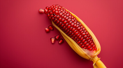 An ear of corn with leaves made of pomegranate seed on a dark red  background. Minimal food concept. Flat lay. Web banner with empty space fot text. Digital manipulation