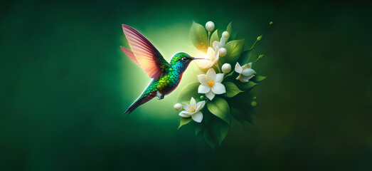  Hummingbird in Flight with Tropical Wild Nature Flowers on Green Abstract Texturized Degradé and Bokeh Background