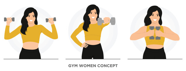 Flat vector women doing exercises with dumbbells exercise workout fitness aerobic concept illustration