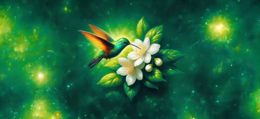 Hummingbird in Flight with Tropical Wild Nature Flowers on Green Abstract Texturized Degradé and Bokeh Background