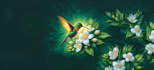  Hummingbird in Flight with Tropical Wild Nature Flowers on Green Abstract Texturized Degradé and Bokeh Background