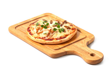 Pizza with bamboo caterpillars and mozzarella, edible insects in Thailand isolated on a white background.