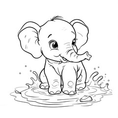 cute cartoon baby elephant sitting in the mud. A coloring page for kids