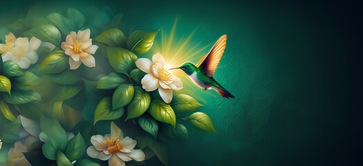  Hummingbird in Flight with Tropical Wild Nature Flowers on Green Abstract Texturized Degradé and Bokeh Background