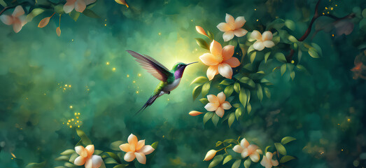  Hummingbird in Flight with Tropical Wild Nature Flowers on Green Abstract Texturized Degradé and Bokeh Background