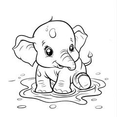 Obraz premium cute cartoon baby elephant sitting in the mud. A coloring page for kids