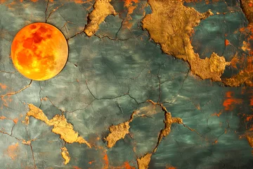 Fotobehang Artistic depiction of the moon’s surface against a cracked earthy texture, evoking a sense of planetary exploration and natural decay © Svetlana Kolpakova