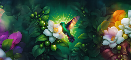  Hummingbird in Flight with Tropical Wild Nature Flowers on Green Abstract Texturized Degradé and Bokeh Background