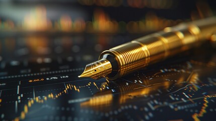 A 3D model of a luxurious golden pen signing a contract for gold investment, against the backdrop of rising market charts