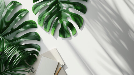 desk scene from above of a laptop in the top left corner at an angle with a sketchpad and pencil. One singular monstera leaf casting a light shadow. Bright and clean minimal design