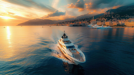 yacht making its grand entrance into Monaco, surrounded by sparkling waters, under the bright morning sun