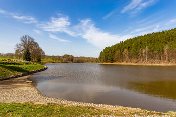 Spring lake view with blue sky. - obrazy, fototapety, plakaty