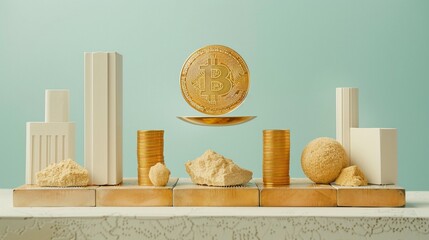 A visual of a scale balancing a giant gold coin against multiple currencies, showcasing golds dominance in the market - obrazy, fototapety, plakaty