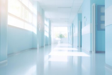 Bright empty defocused hospital corridor background