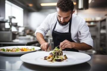 Male chef plating food in plate while working in commercial kitchen restaurant