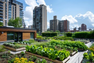 Fototapeta premium Urban Green Architecture: Lush Rooftop Garden and Eco-Friendly Building Design