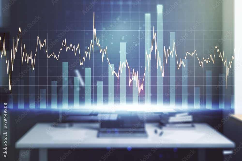 Poster multi exposure of abstract financial diagram and modern desk with computer on background, banking an