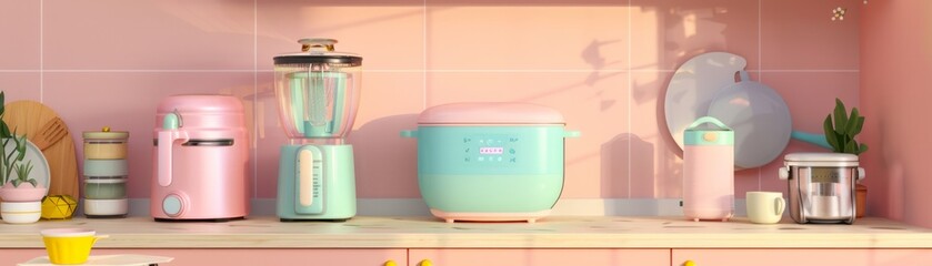3D pastel culinary, slow cooker, air fryer, food processor in a cozy kitchen setup