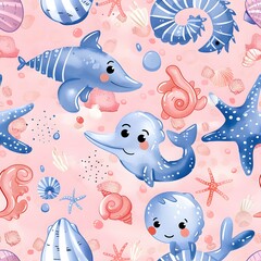 Cute cartoon sea creatures and shells pattern on a pink background