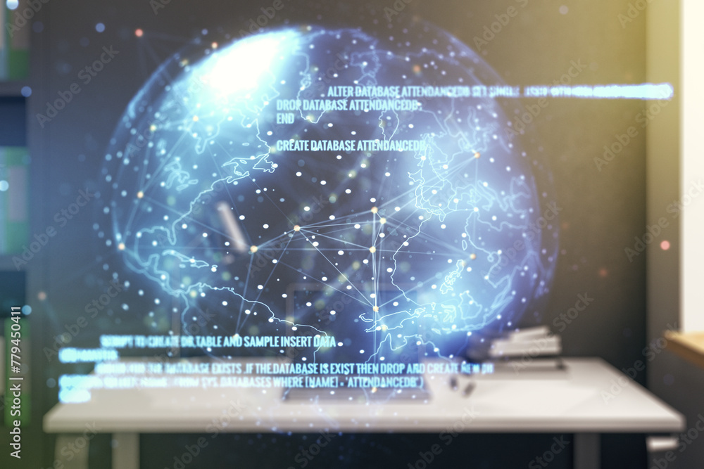 Aufkleber multi exposure of abstract graphic coding sketch with world map and modern desktop with pc on backgr