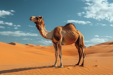 A camel, a terrestrial animal, stands in the middle of a vast desert landscape under a clear sky with fluffy clouds, a typical Aeolian landform environment for camelids to travel through