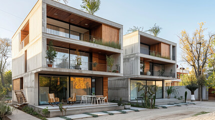 Fototapeta premium two four-story buildings of rectangular houses joined together with an open stairwell and large terraces the precast concrete façade rectangular windows located in a rural area with a paved road