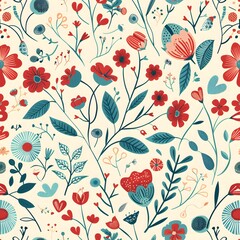 Cute Floral Pattern, turquoise and red, retro design, seamless pattern on cream background