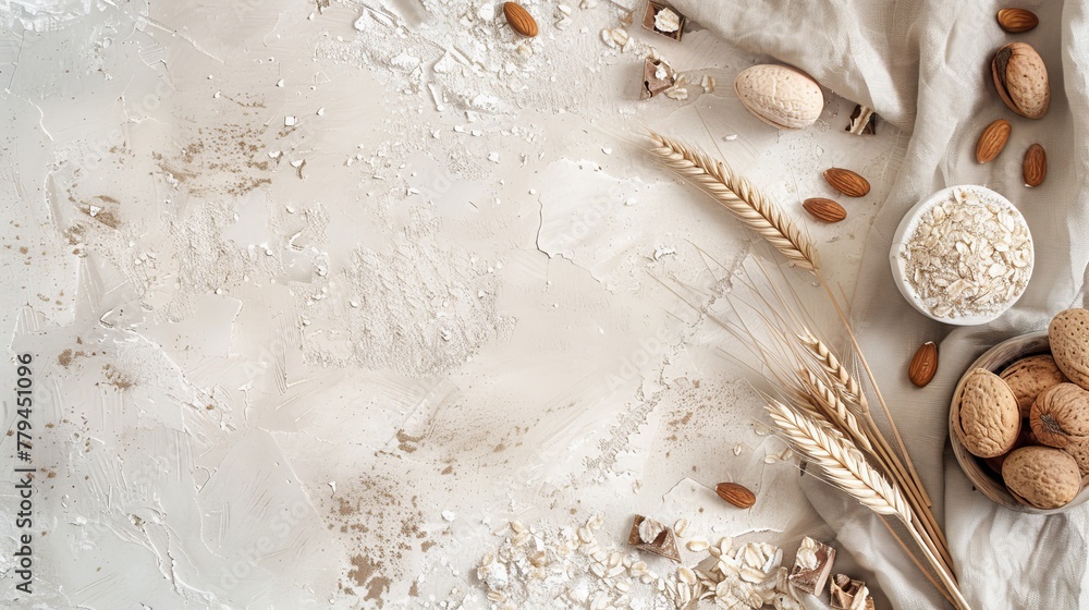 Poster a delicate interplay of textures and tones in a white milk background with almond cocoa and wheat el
