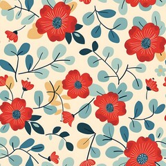 Fototapeta na wymiar Cute Floral Pattern, turquoise and red, retro design, seamless pattern on cream background