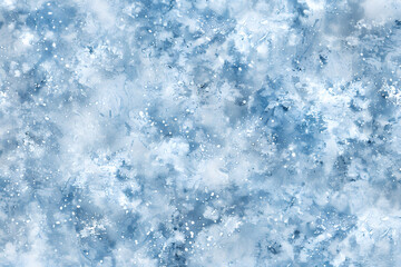 Close-up texture of frost patterns resembling delicate ferns and snowflakes in varying shades of blue, capturing the essence of winter's chill.