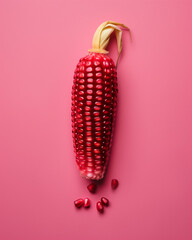 An ear of corn made of pomegranate seed on a pink background. Minimal food concept. Flat lay. Product shot. Digital manipulation