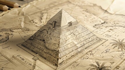 A detailed drawing of an Egyptian pyramid  AI generated illustration