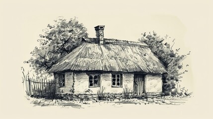 A detailed sketch of a rustic farmhouse with a thatched roof  AI generated illustration